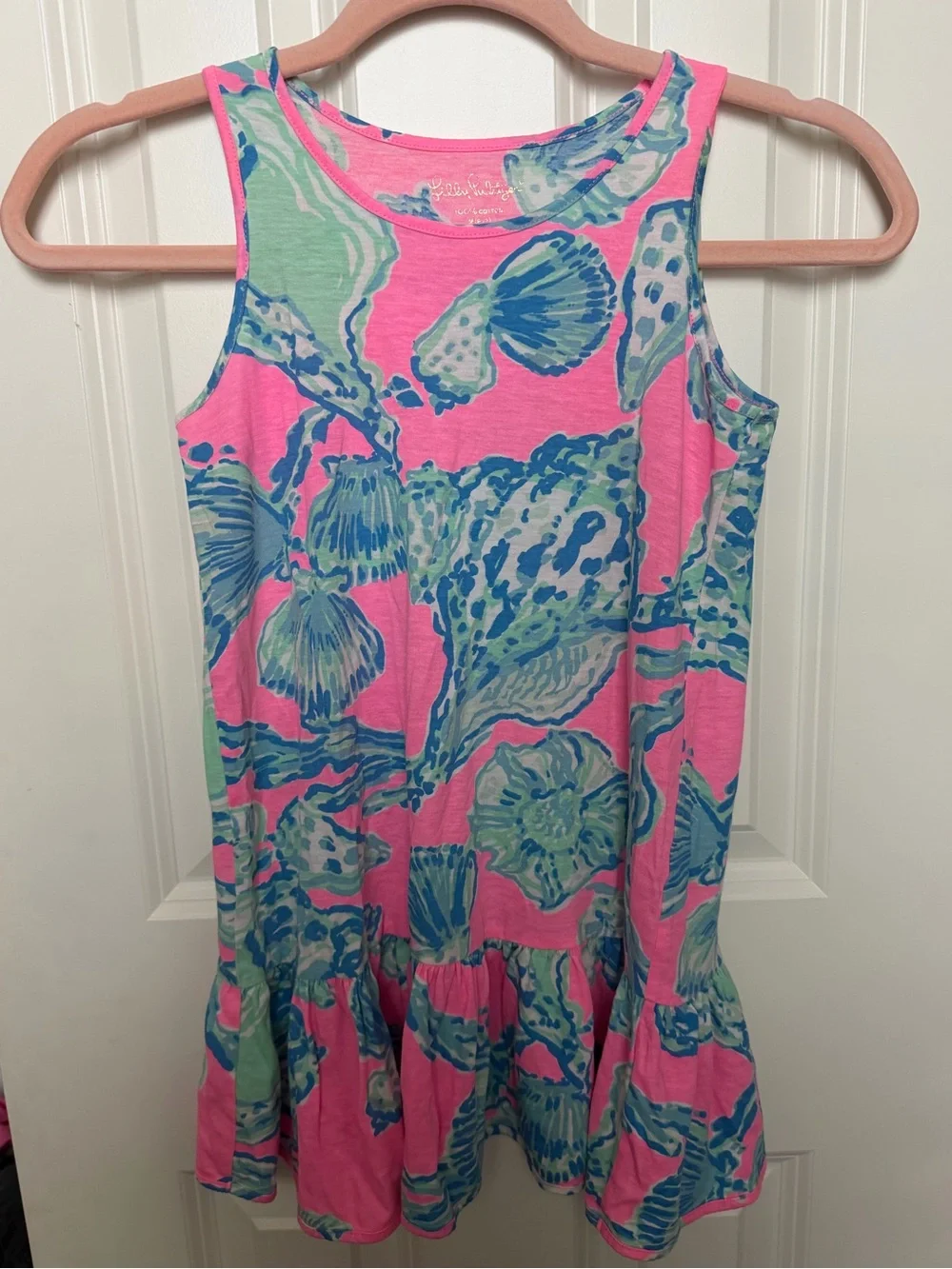 Girls Lilly Pulitzer Pink Shell Print Sleeveless Ruffle Hem Dress